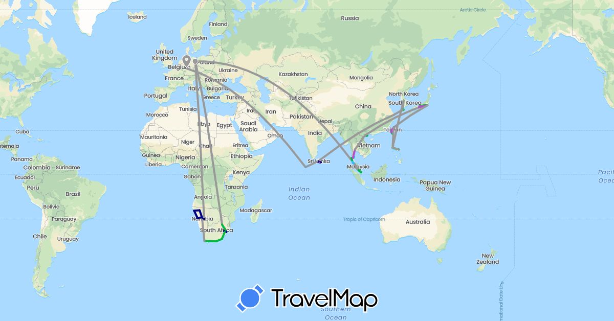 TravelMap itinerary: driving, bus, plane, train, boat, hitchhiking in China, Germany, Japan, South Korea, Sri Lanka, Lesotho, Maldives, Malaysia, Namibia, Philippines, Singapore, Thailand, Taiwan, Vietnam, South Africa (Africa, Asia, Europe)